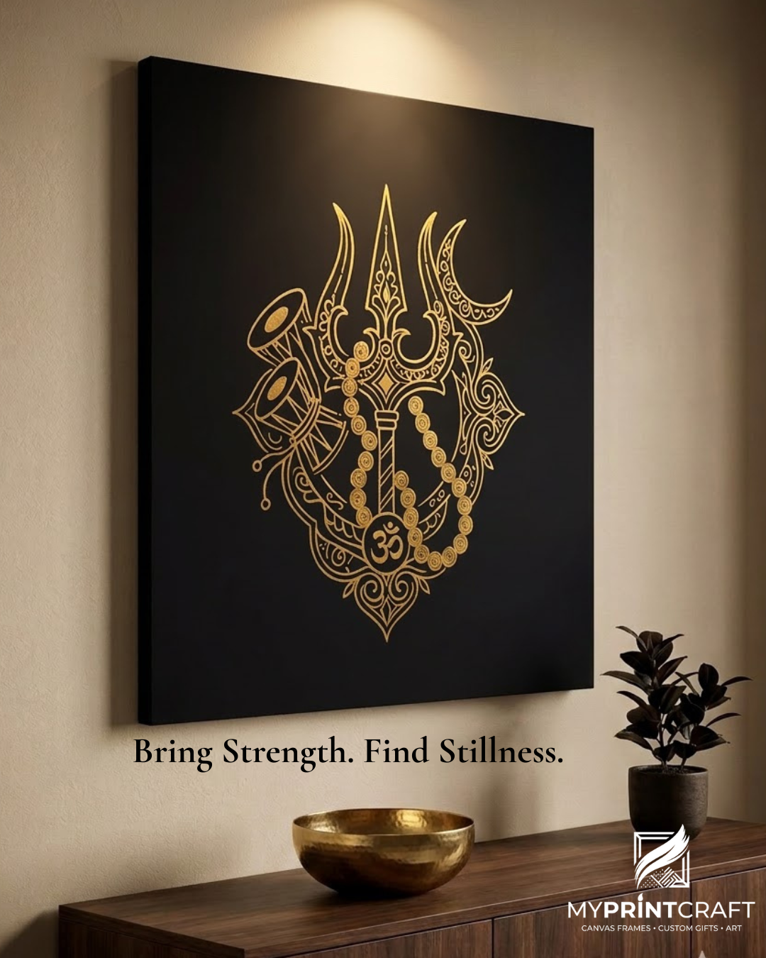 Shiva Trishul Damru Gold Line Art Canvas Wall Art