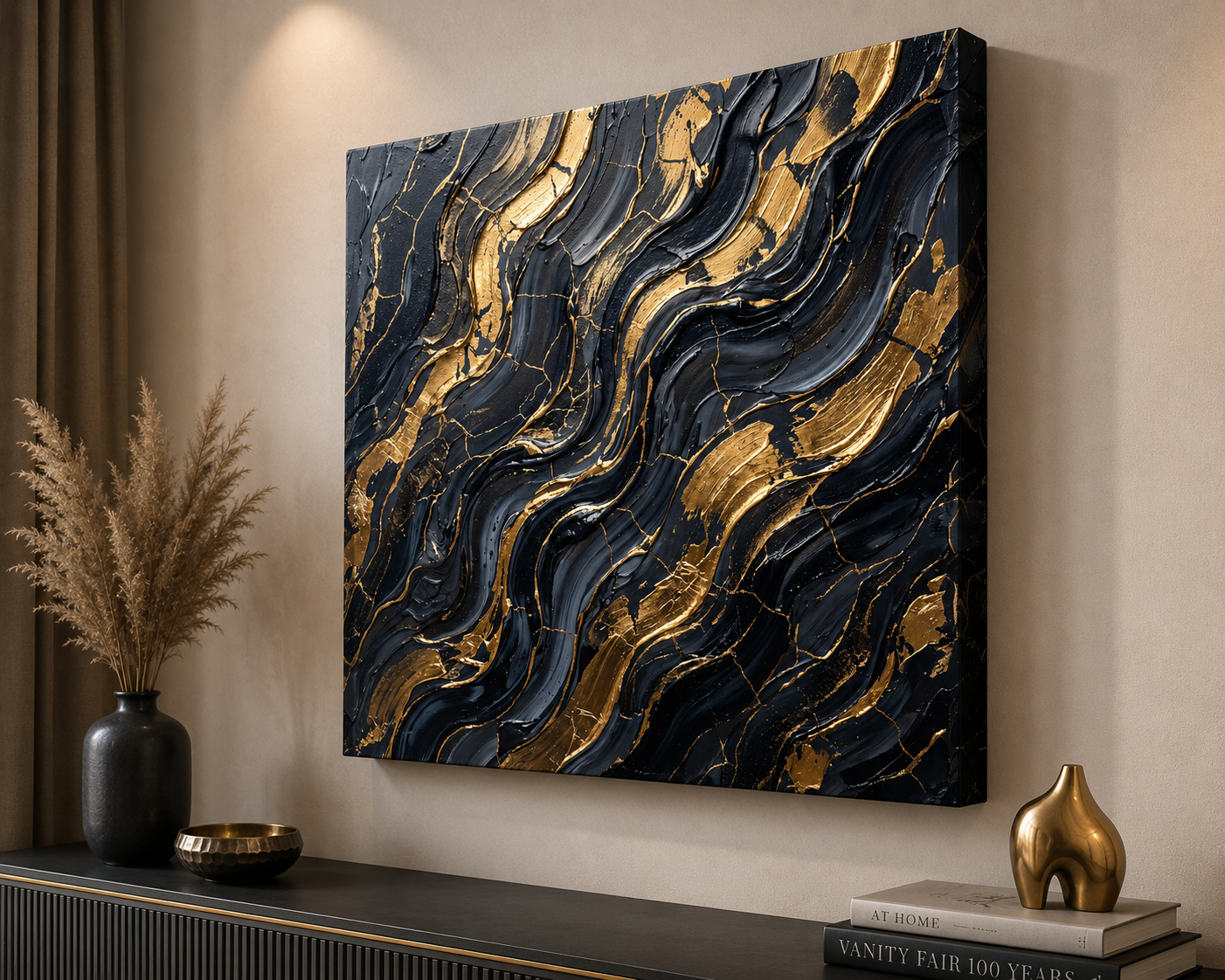 Midnight Gold Flow – Luxury Abstract Canvas Wall Art