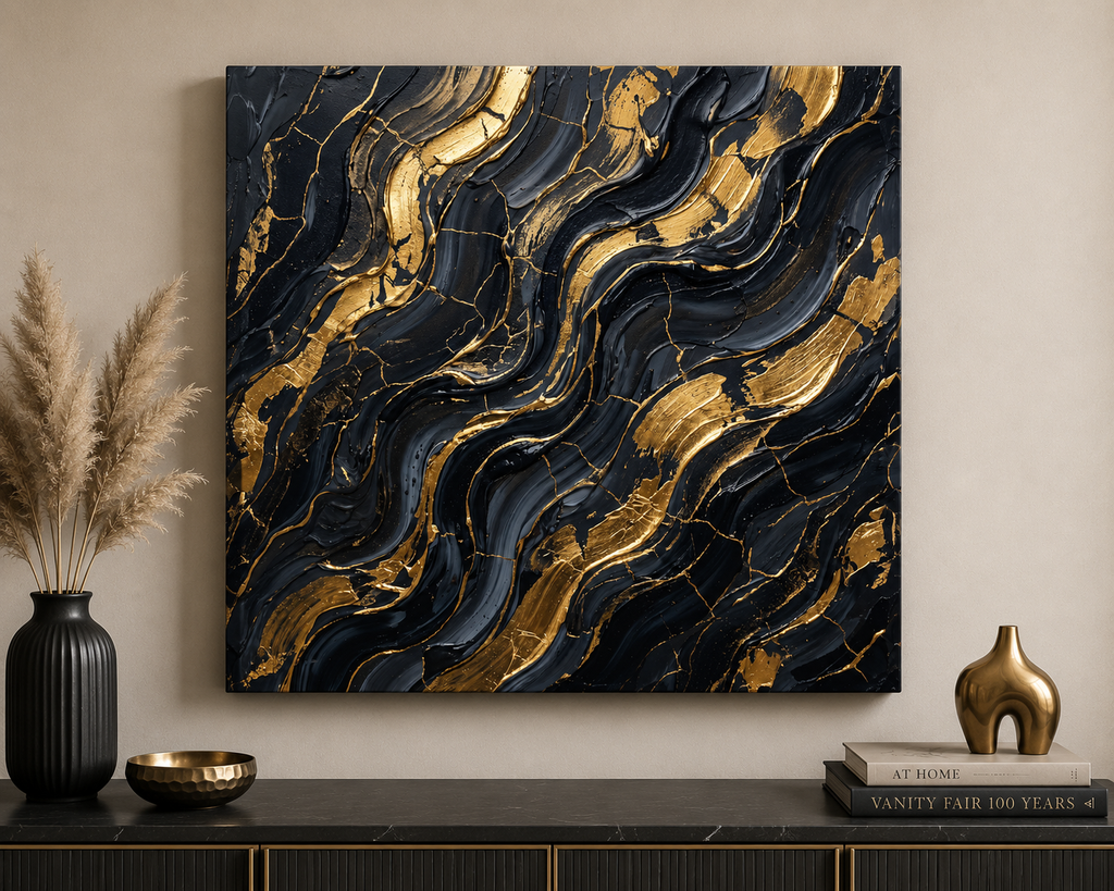 Midnight Gold Flow – Luxury Abstract Canvas Wall Art