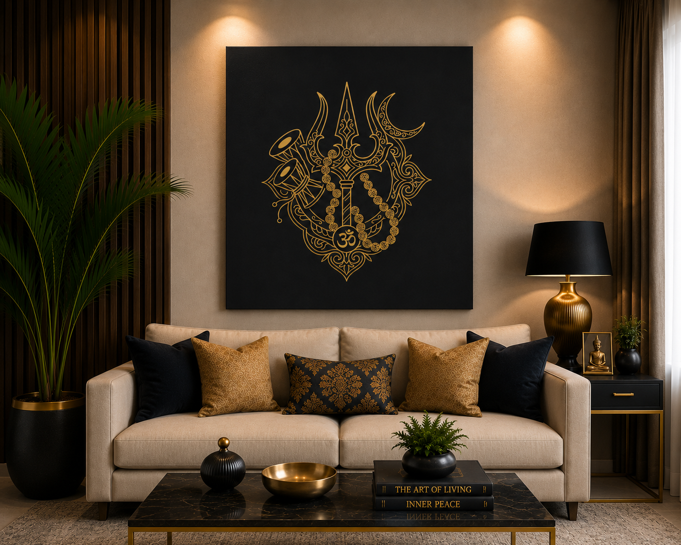 Sacred Trishul & Damru Canvas Wall Art – Lord Shiva Gold Line Art on Black