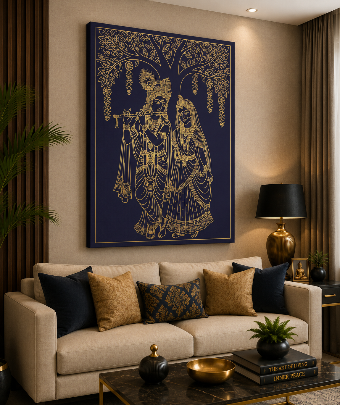 Divine Radha Krishna Under the Sacred Tree – Premium Gold Line Canvas Wall Art