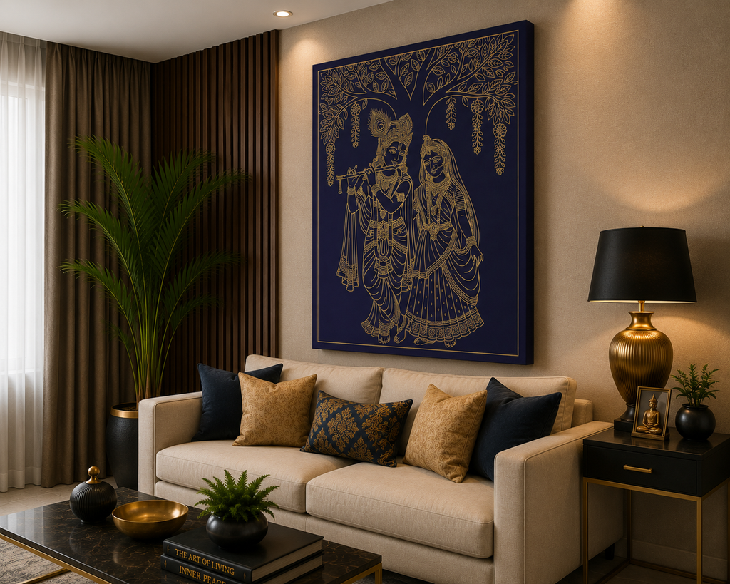 Divine Radha Krishna Under the Sacred Tree – Premium Gold Line Canvas Wall Art