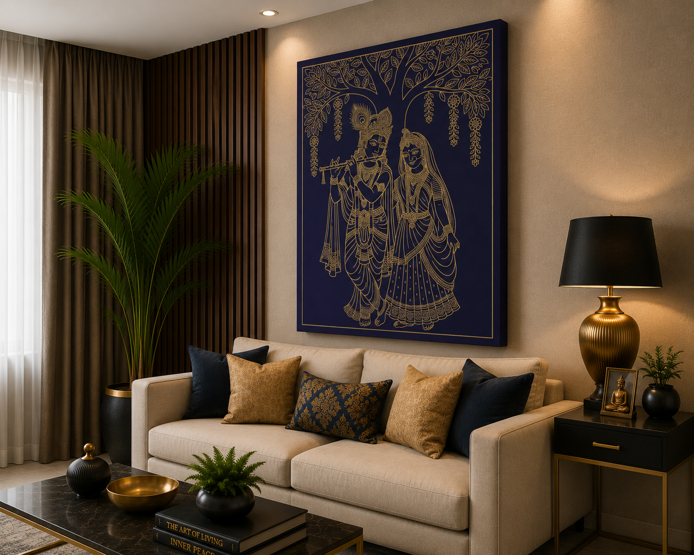 Divine Radha Krishna Under the Sacred Tree – Premium Gold Line Canvas Wall Art