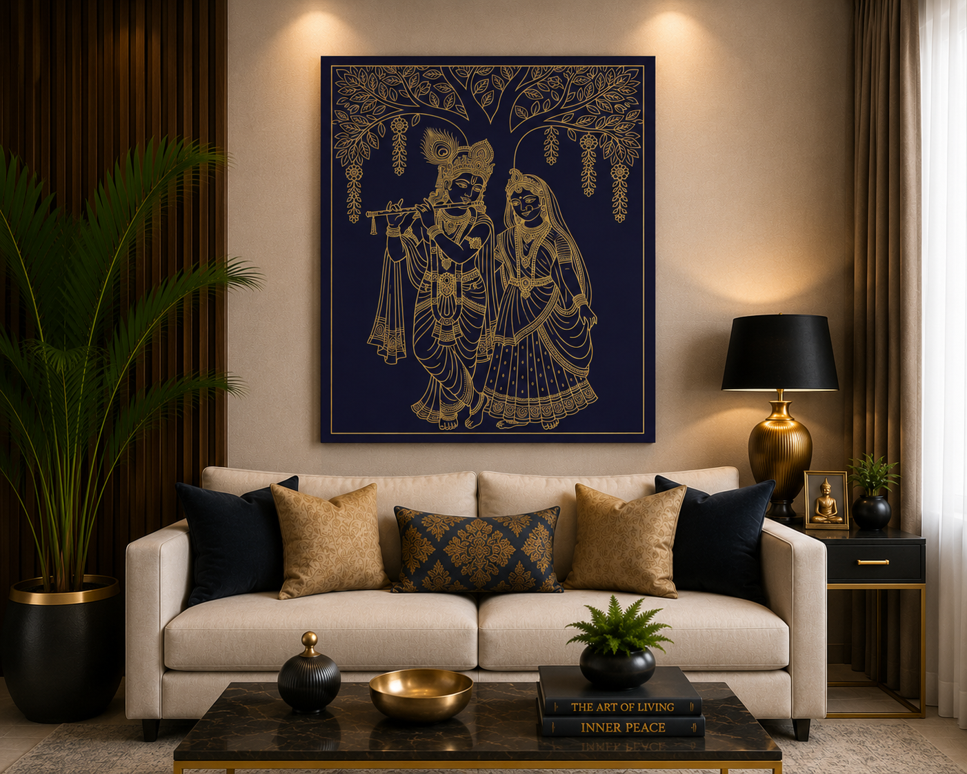 Divine Radha Krishna Under the Sacred Tree – Premium Gold Line Canvas Wall Art