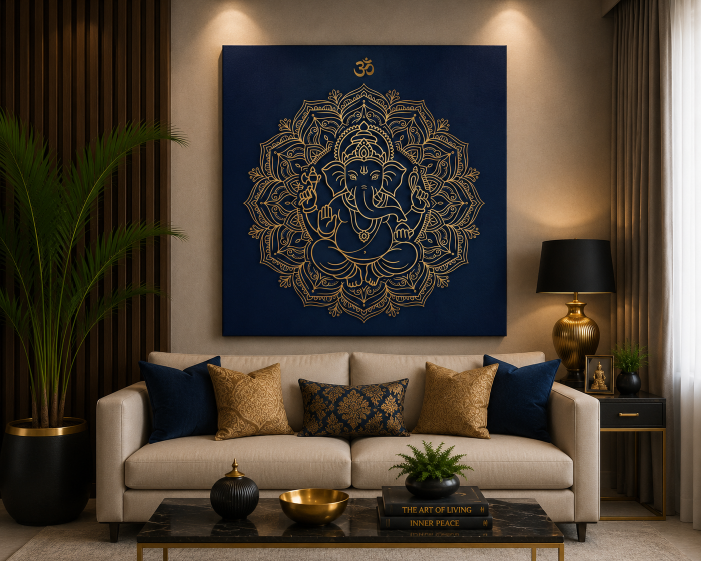 Divine Ganesha Mandala Canvas Wall Art – Royal Navy & Gold Spiritual Decor
