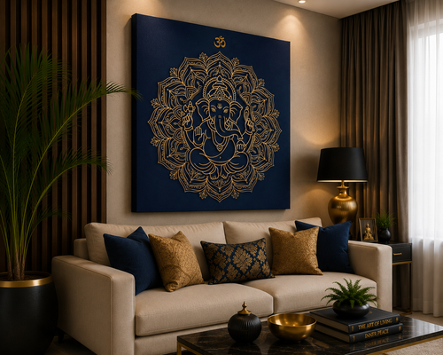 Divine Ganesha Mandala Canvas Wall Art – Royal Navy & Gold Spiritual Decor