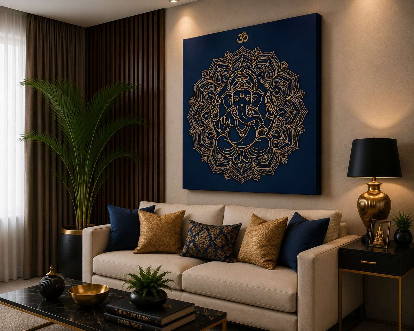 Divine Ganesha Mandala Canvas Wall Art – Royal Navy & Gold Spiritual Decor