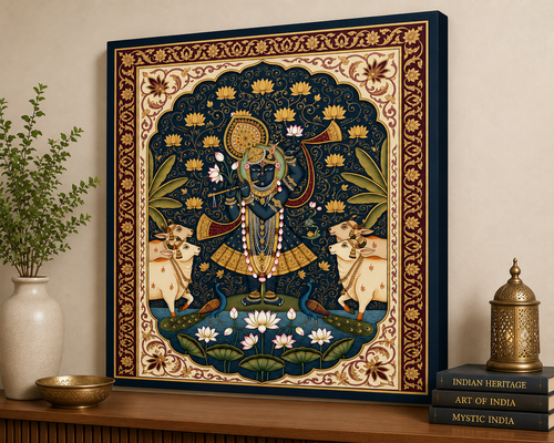 Divine Krishna Lotus Garden Canvas Wall Art – Premium Traditional Indian Spiritual Decor