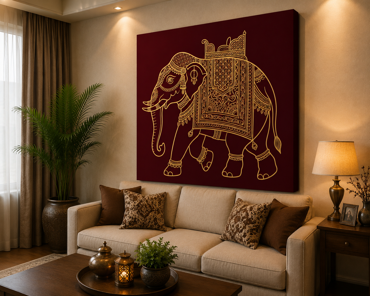Royal Golden Elephant Canvas Wall Art – Minimalist Indian Heritage Decor