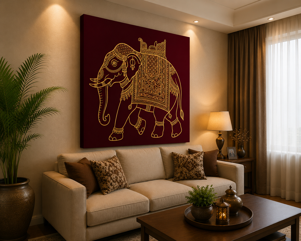 Royal Golden Elephant Canvas Wall Art – Minimalist Indian Heritage Decor
