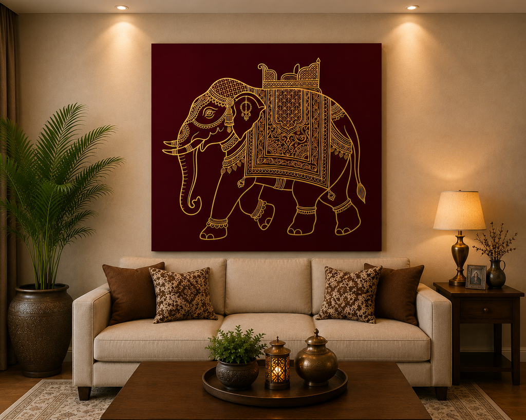 Royal Golden Elephant Canvas Wall Art – Minimalist Indian Heritage Decor