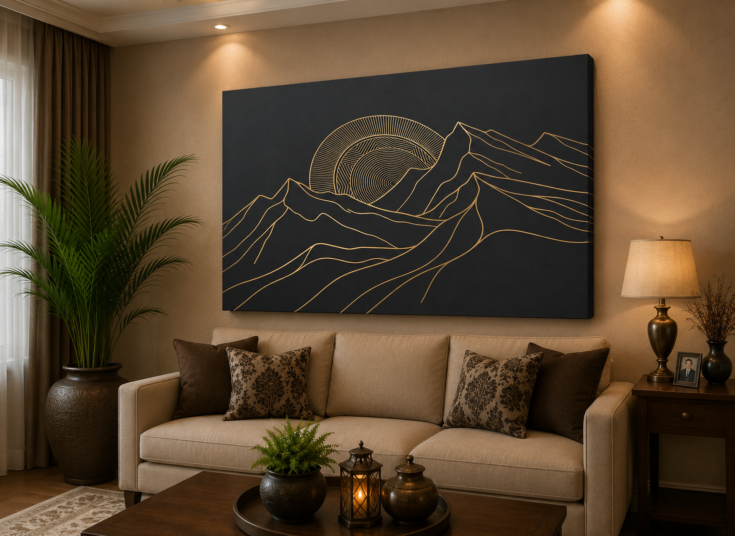 Midnight Peaks – Minimalist Gold Line Mountain Canvas Wall Art