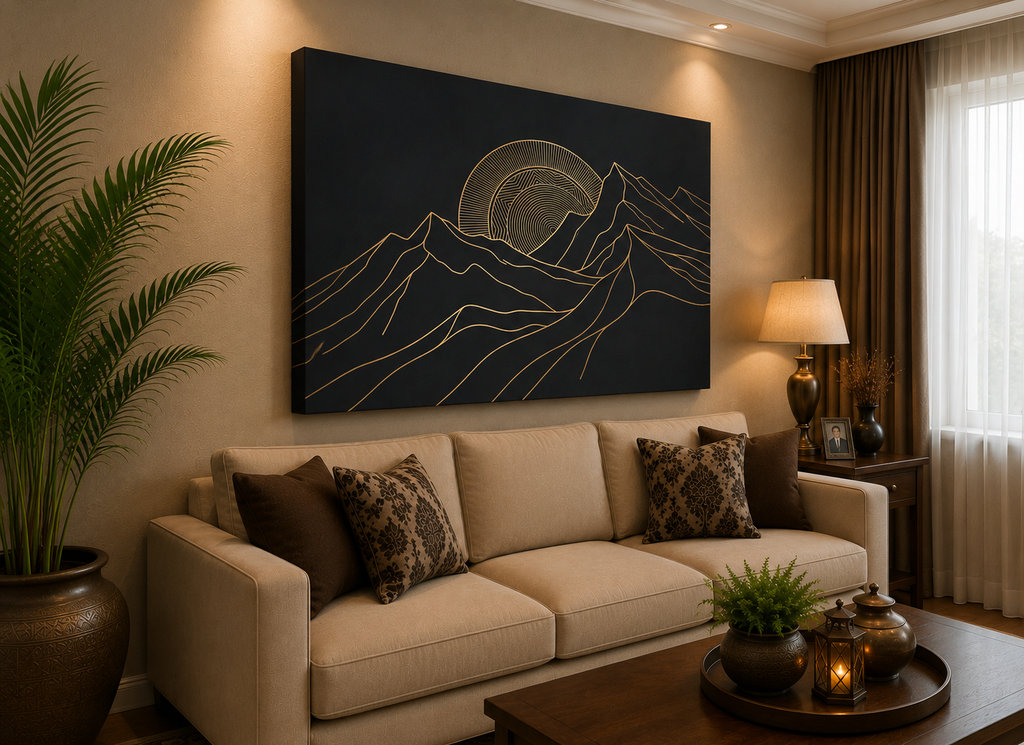 Midnight Peaks – Minimalist Gold Line Mountain Canvas Wall Art