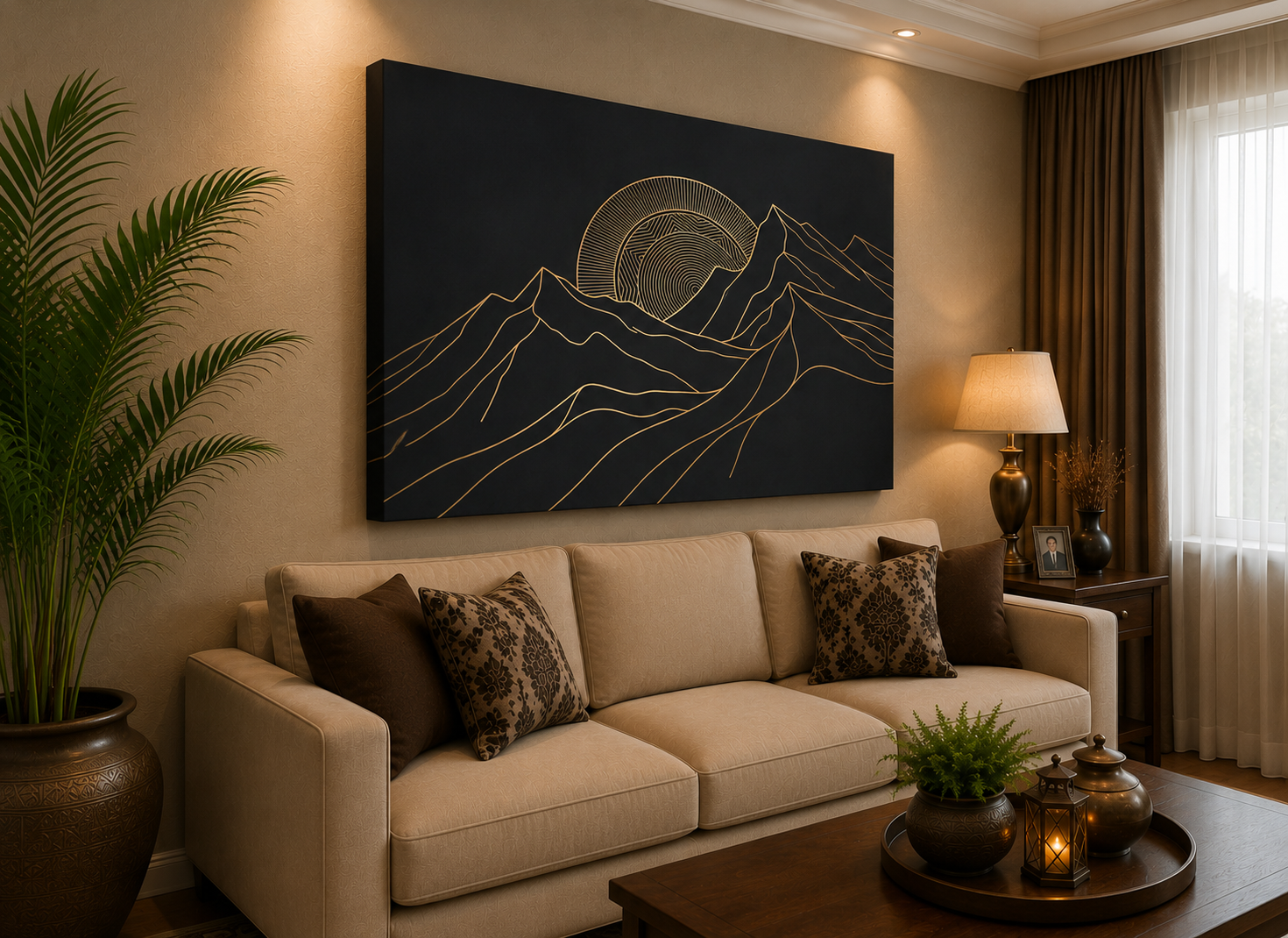 Midnight Peaks – Minimalist Gold Line Mountain Canvas Wall Art