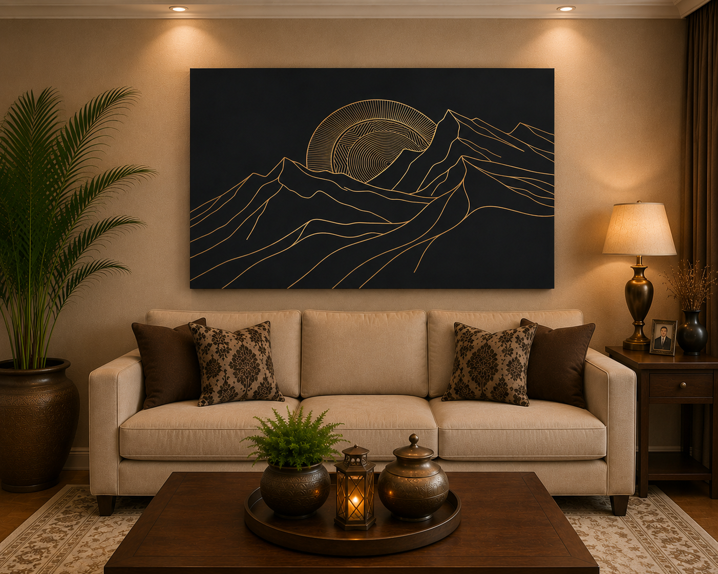 Midnight Peaks – Minimalist Gold Line Mountain Canvas Wall Art