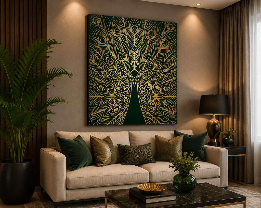 Emerald Peacock Feather Canvas Wall Art – Luxury Gold Line Nature Decor