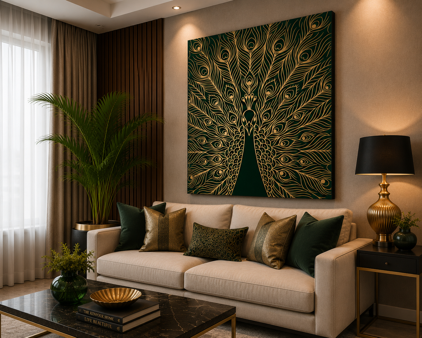 Emerald Peacock Feather Canvas Wall Art – Luxury Gold Line Nature Decor