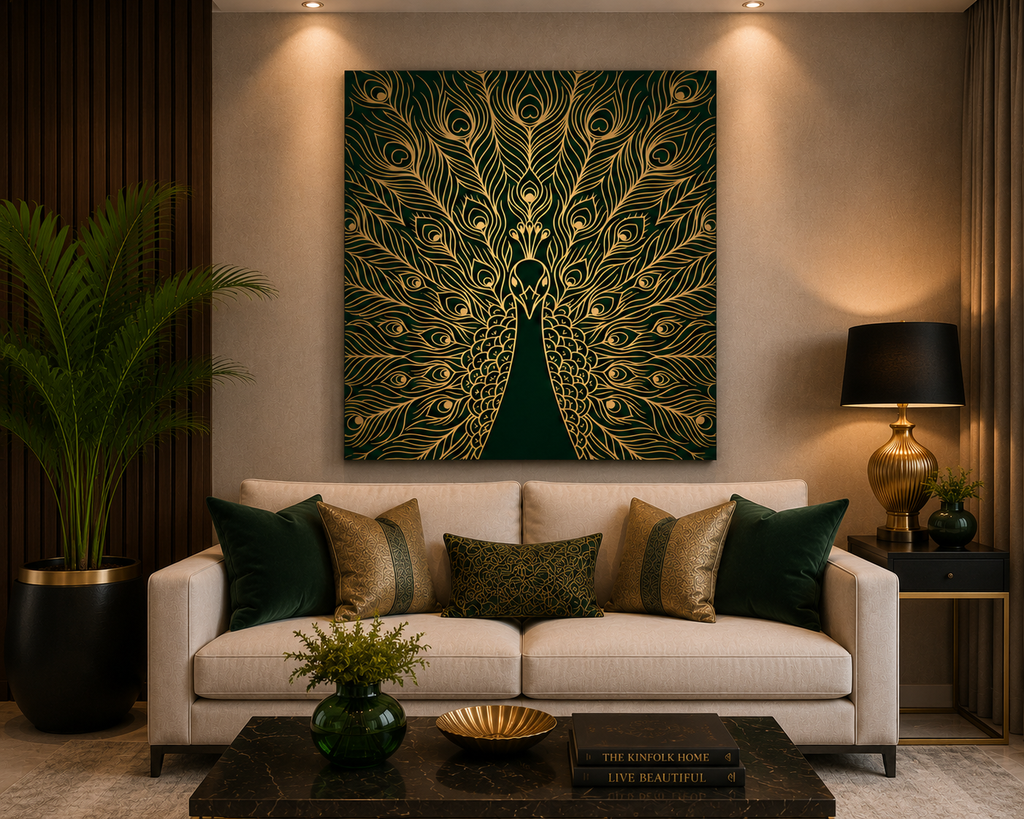 Emerald Peacock Feather Canvas Wall Art – Luxury Gold Line Nature Decor