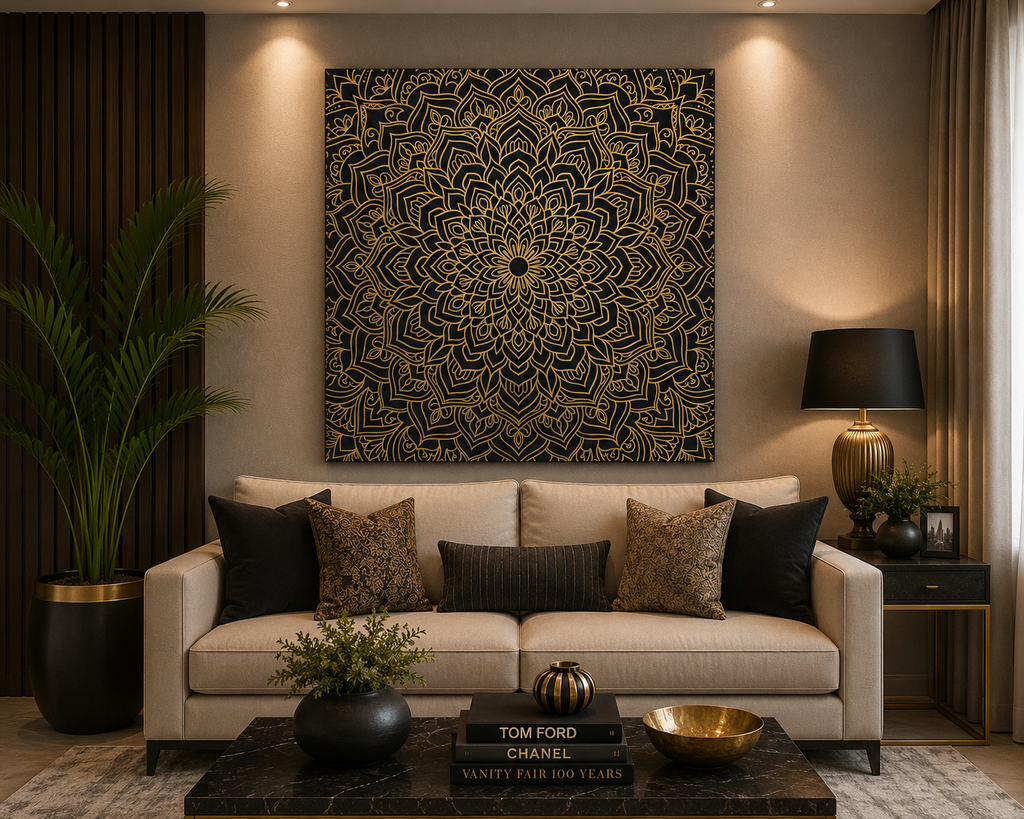 Royal Gold Mandala Canvas Wall Art – Luxury Black & Gold Geometric Decor