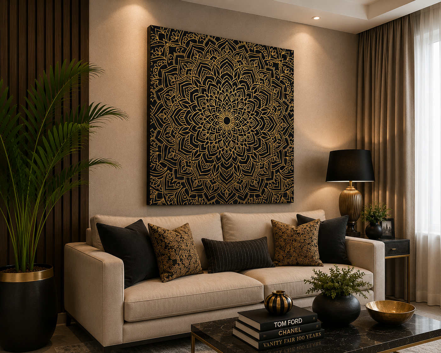 Royal Gold Mandala Canvas Wall Art – Luxury Black & Gold Geometric Decor