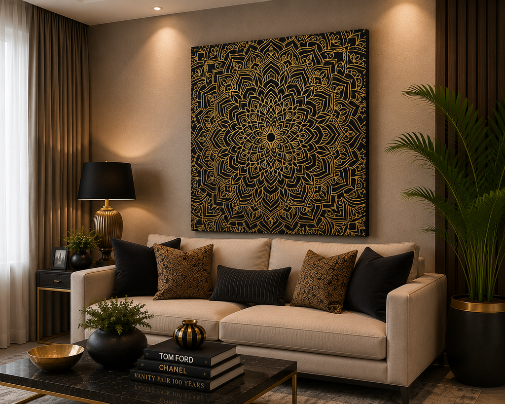 Royal Gold Mandala Canvas Wall Art – Luxury Black & Gold Geometric Decor