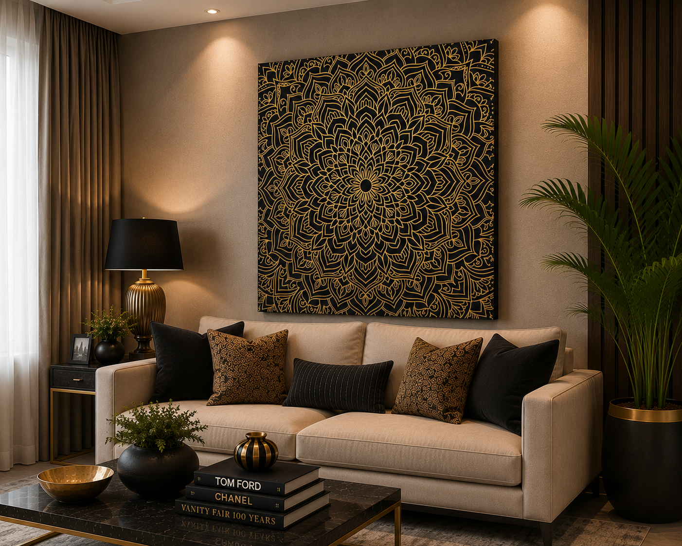 Royal Gold Mandala Canvas Wall Art – Luxury Black & Gold Geometric Decor