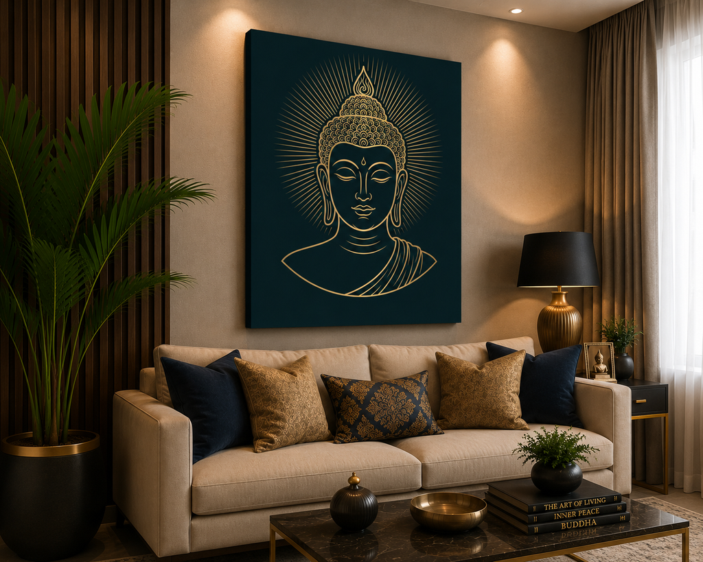 Zen Buddha Line Art Canvas – Minimalist Gold Meditation Wall Art
