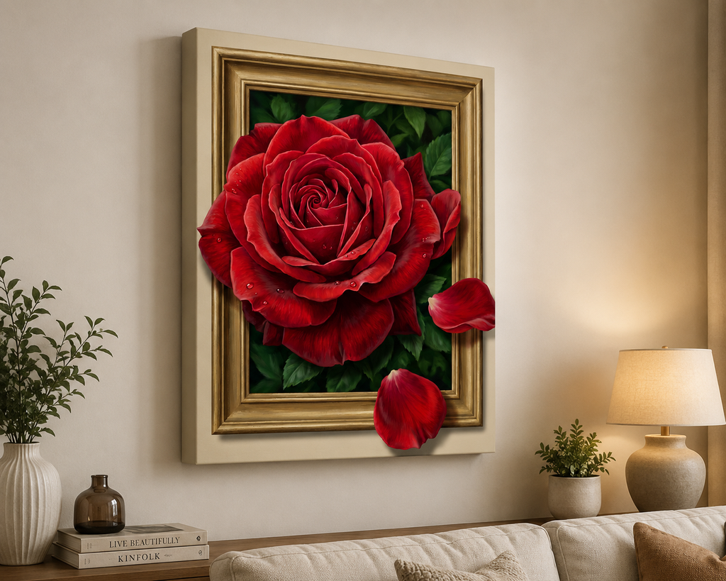 Bloom Beyond the Frame – 3D Red Rose Canvas Wall Art