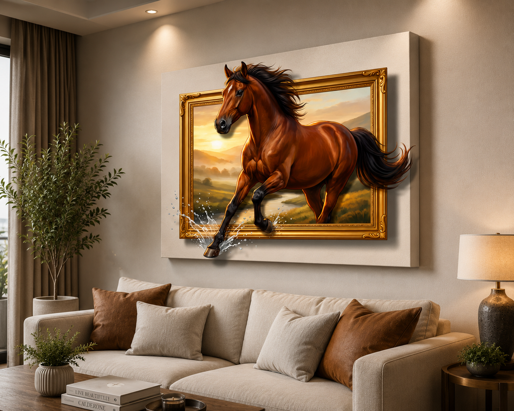Majestic Escape – 3D Galloping Horse Canvas Wall Art