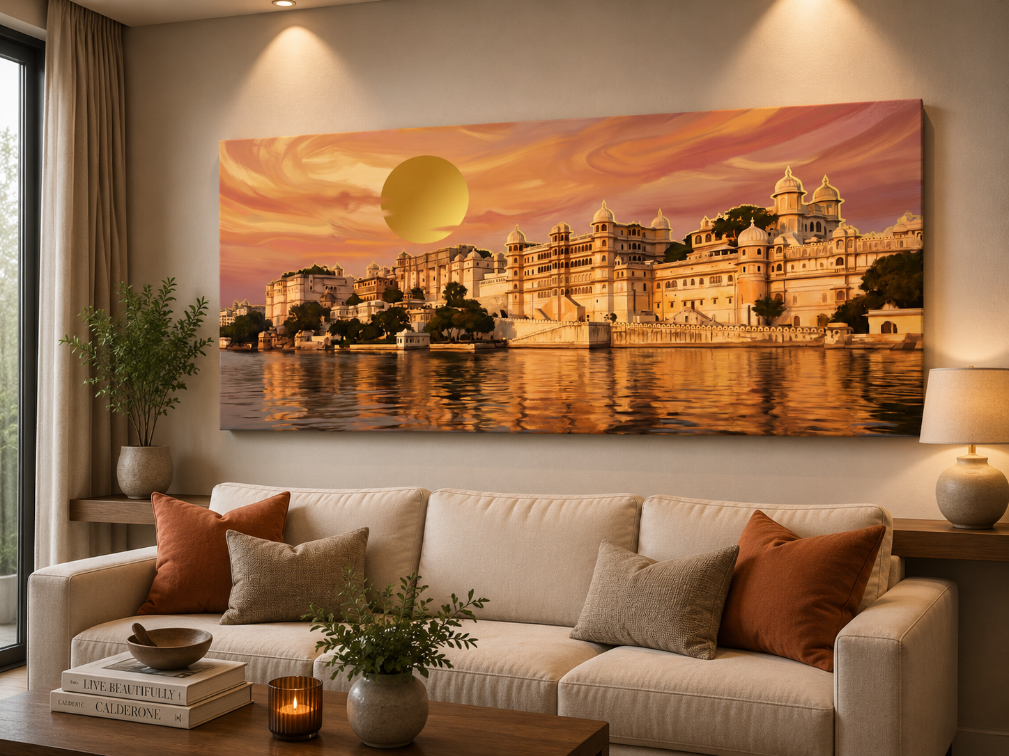 Golden Sunset Over Udaipur Palace – Premium Panoramic Canvas Wall Art