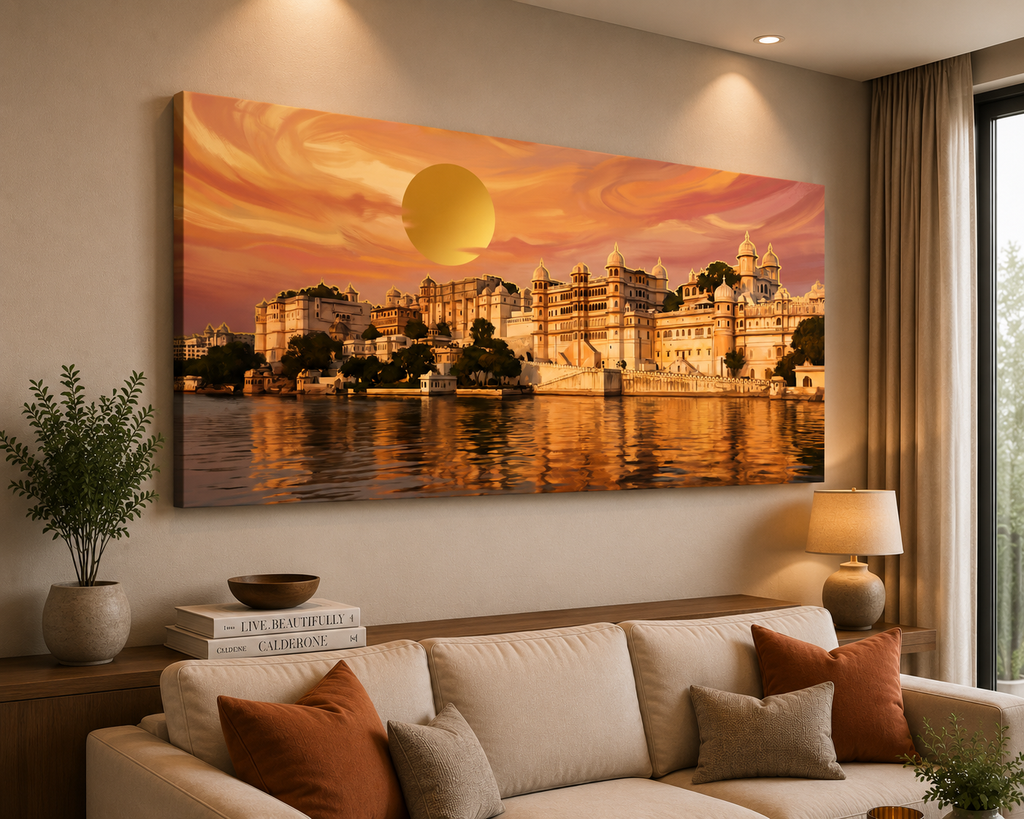 Golden Sunset Over Udaipur Palace – Premium Panoramic Canvas Wall Art