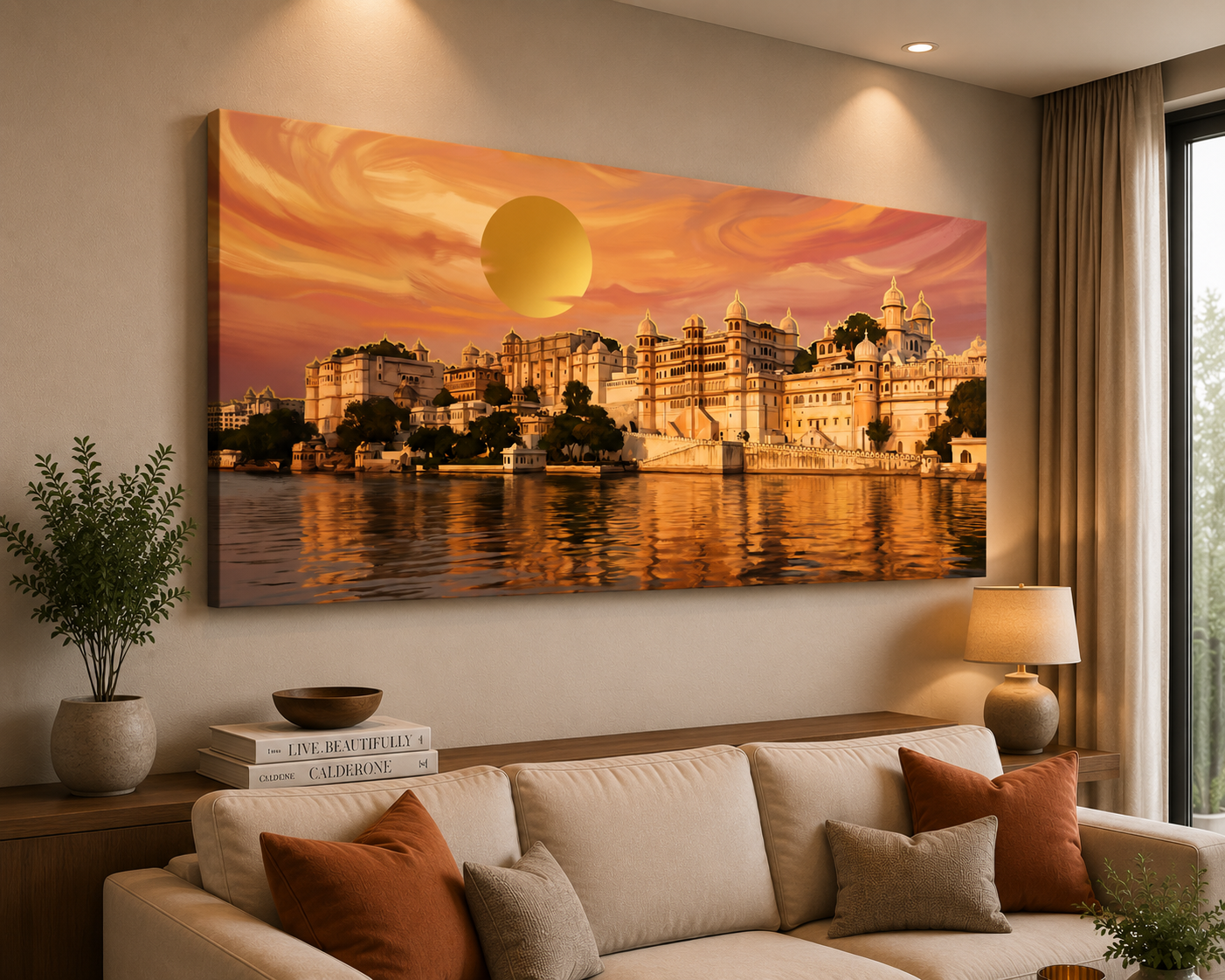 Golden Sunset Over Udaipur Palace – Premium Panoramic Canvas Wall Art