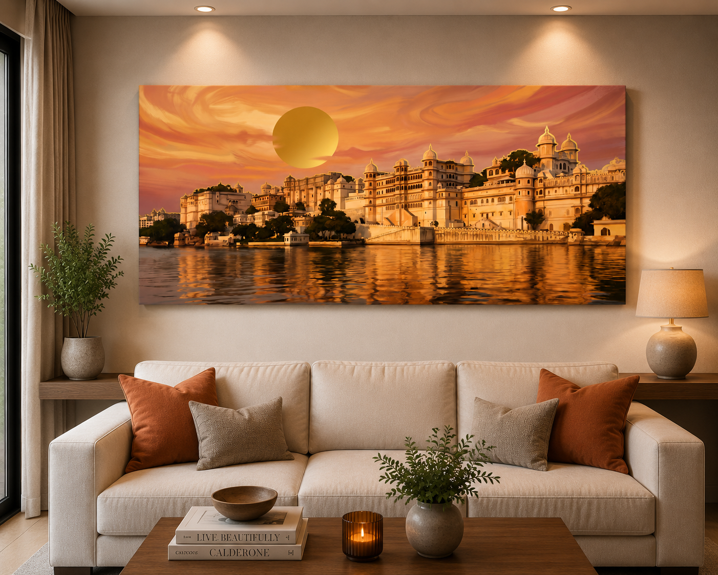 Golden Sunset Over Udaipur Palace – Premium Panoramic Canvas Wall Art
