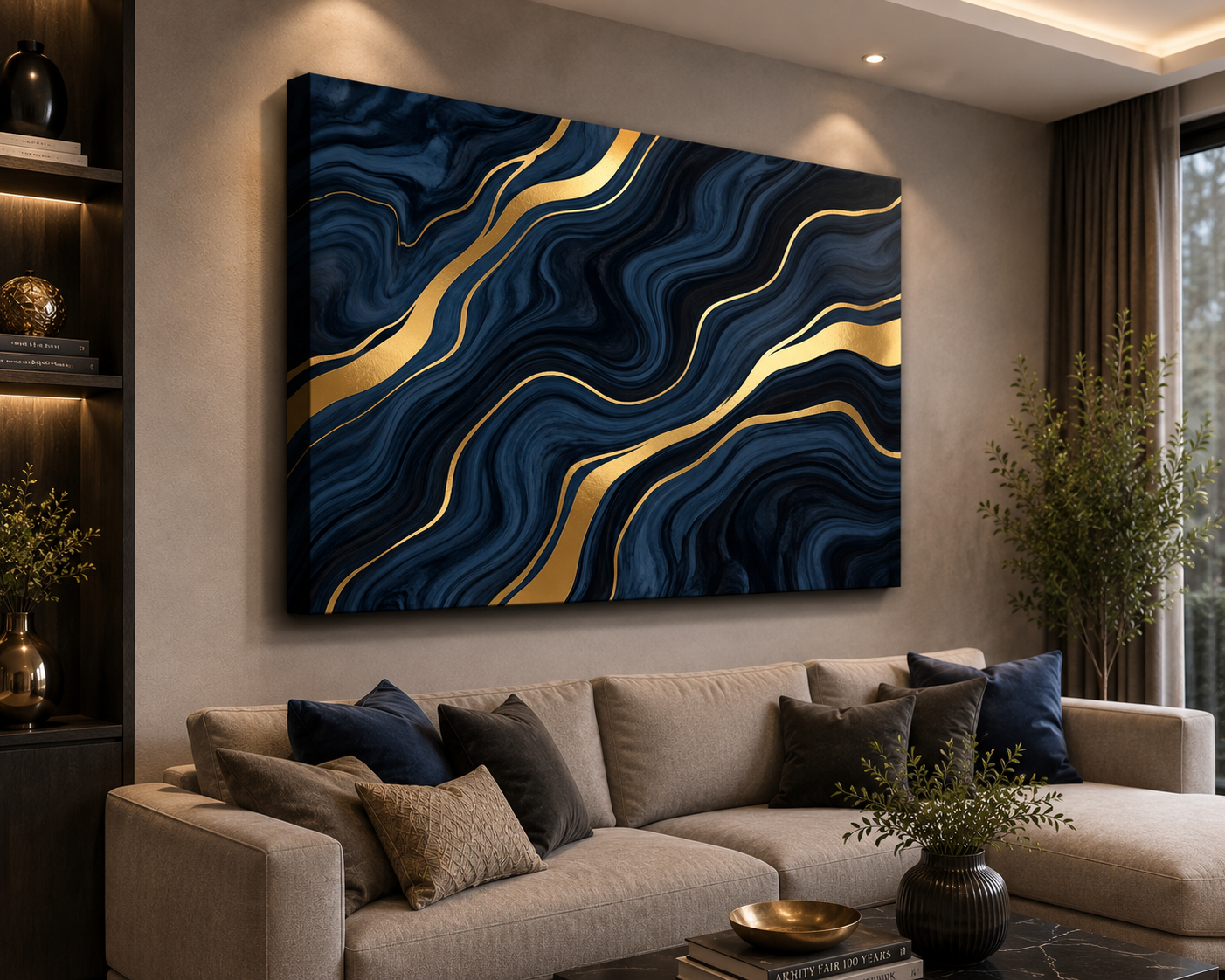 Midnight Gold Flow – Luxury Abstract Canvas Wall Art