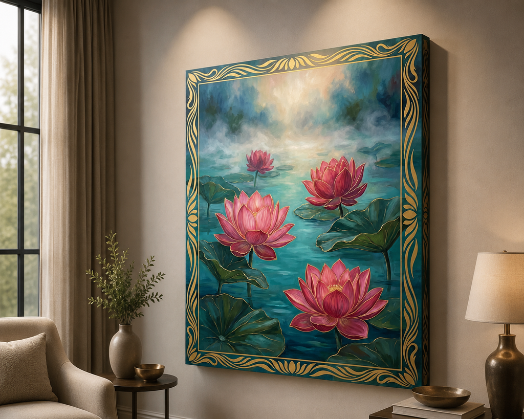 Golden Lotus Serenity Canvas Wall Art – Luxury Floral Pond Painting with Ornate Gold Frame