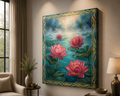 Golden Lotus Serenity Canvas Wall Art – Luxury Floral Pond Painting with Ornate Gold Frame