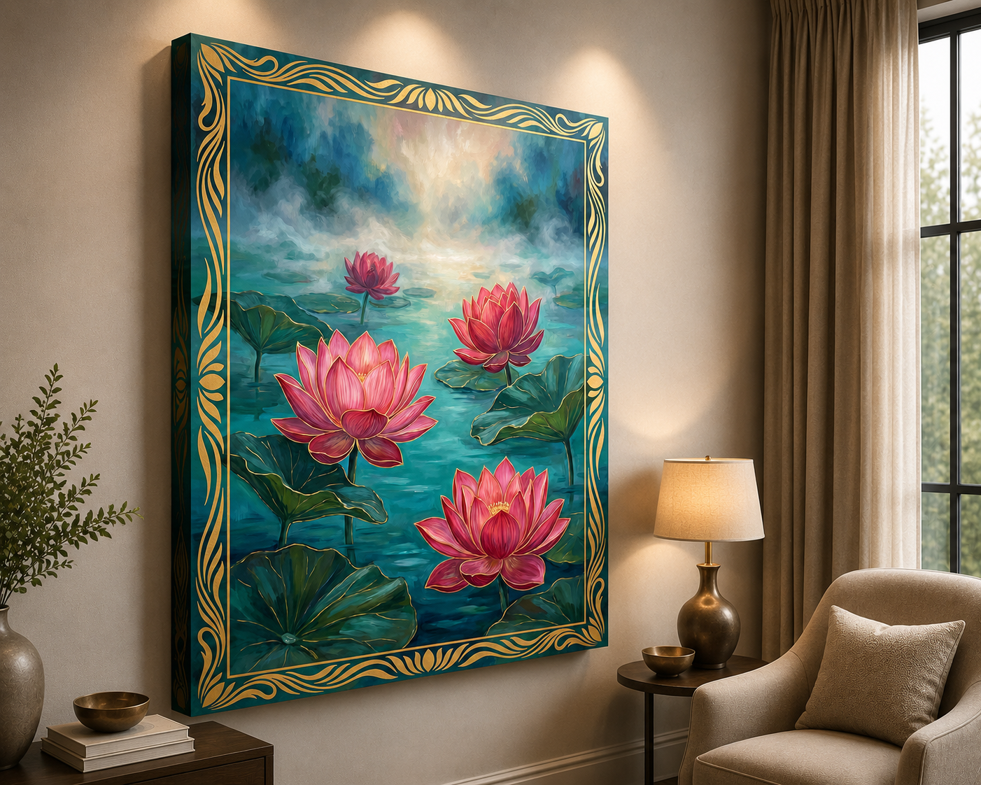 Golden Lotus Serenity Canvas Wall Art – Luxury Floral Pond Painting with Ornate Gold Frame