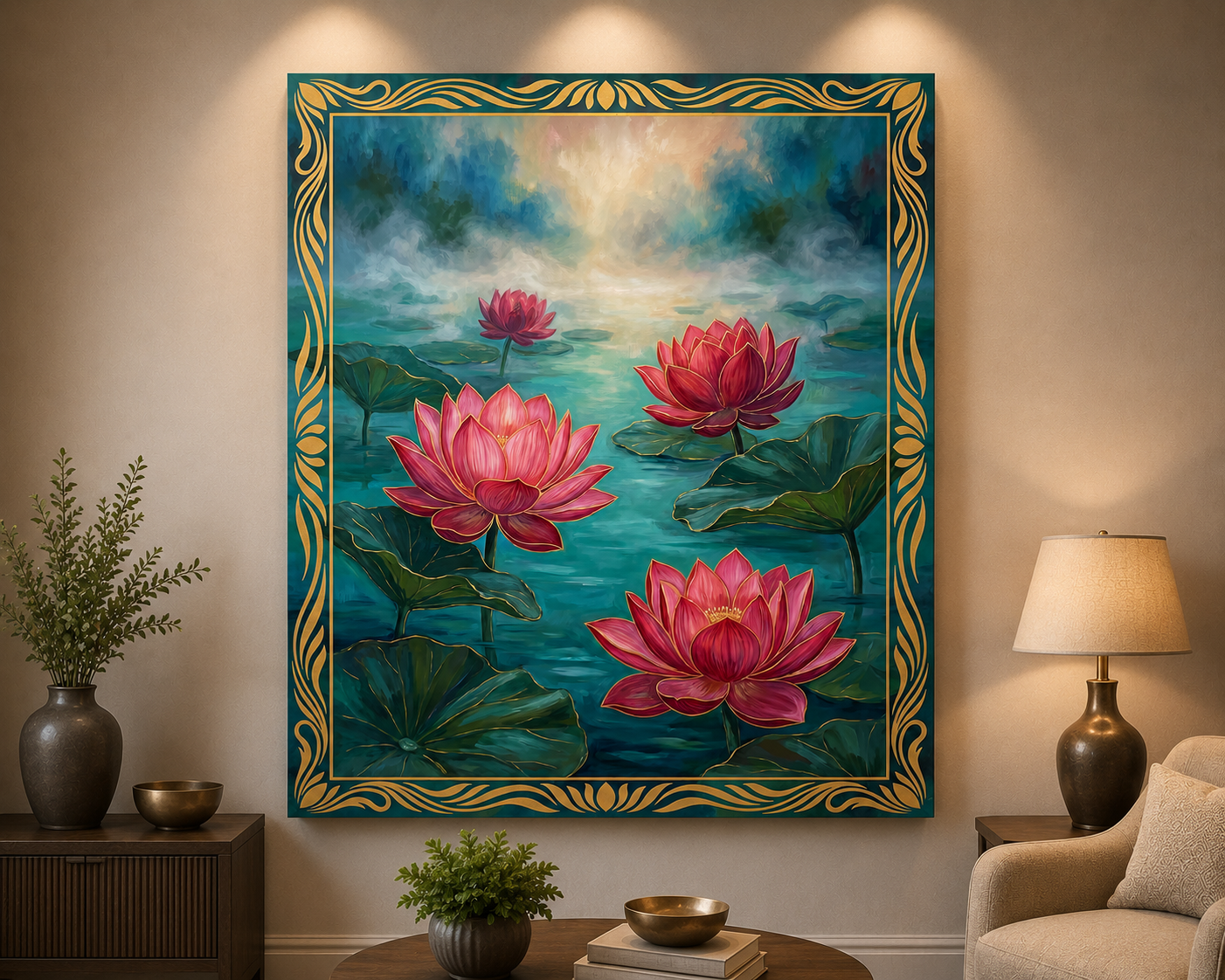 Golden Lotus Serenity Canvas Wall Art – Luxury Floral Pond Painting with Ornate Gold Frame