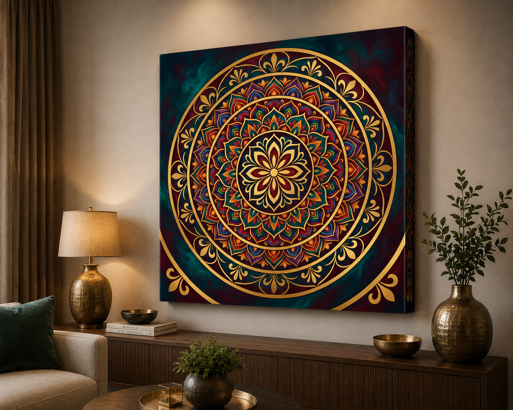 Radiant Harmony Mandala Canvas Wall Art – Luxury Gold & Jewel Tone Geometric Decor