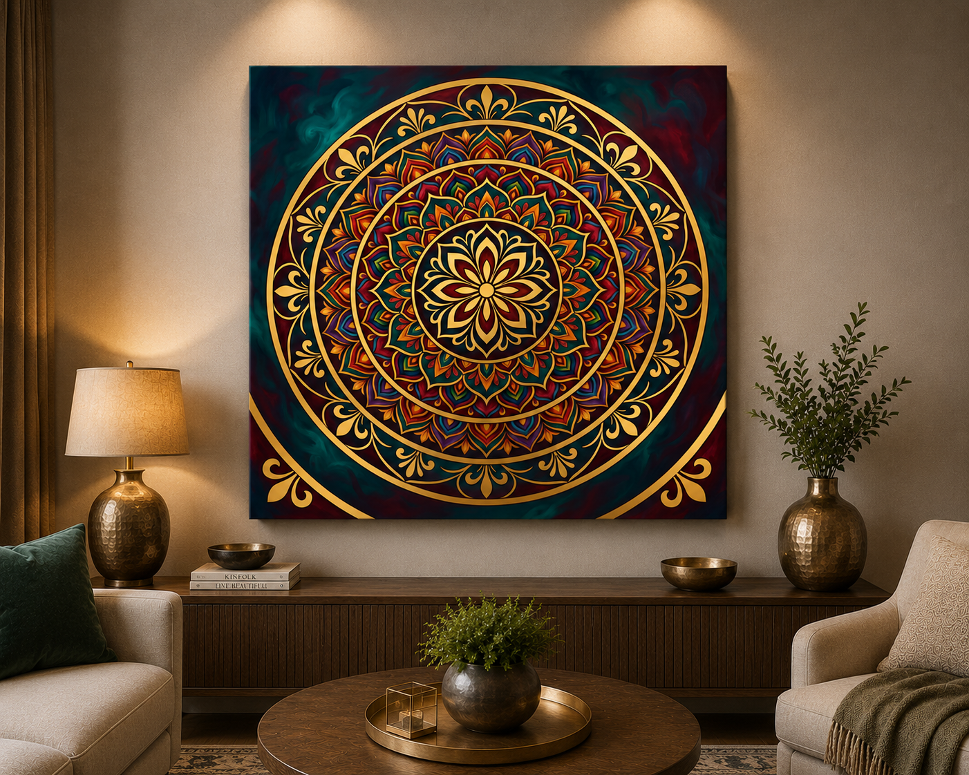 Radiant Harmony Mandala Canvas Wall Art – Luxury Gold & Jewel Tone Geometric Decor
