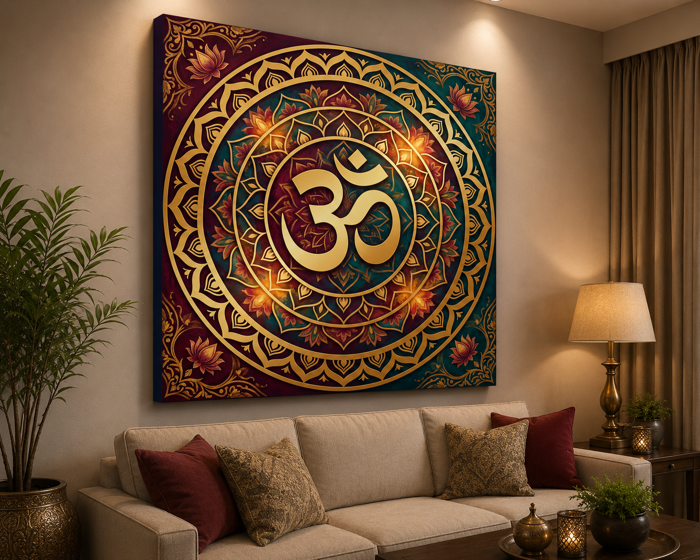 Sacred Om Mandala Canvas Wall Art – Luxury Gold Spiritual Meditation Decor