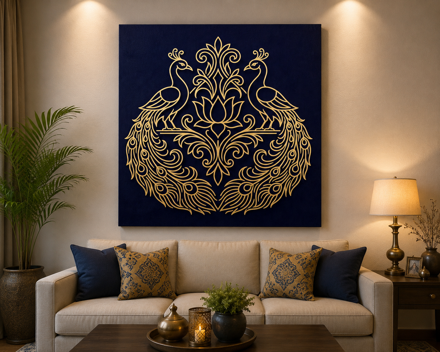 Royal Peacock & Lotus Canvas Wall Art – Luxury Gold Line Art on Navy Blue