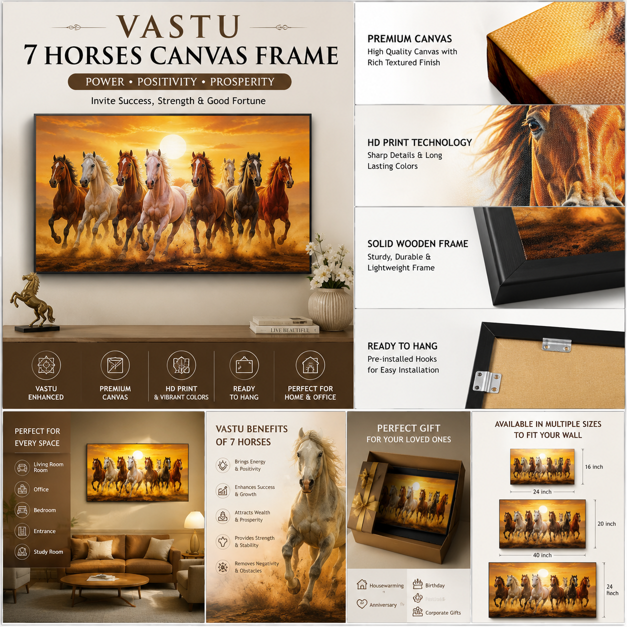 7-Panel Horse Canvas Wall Art - Premium Gallery Wrap Print