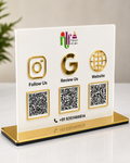 Premium White Acrylic Social Media QR Code Stand with Golden Base - UV Printed Table Display for Cafe Restaurant