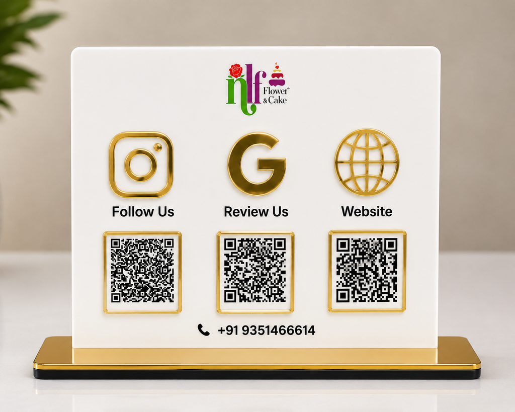 Premium White Acrylic Social Media QR Code Stand with Golden Base - UV Printed Table Display for Cafe Restaurant