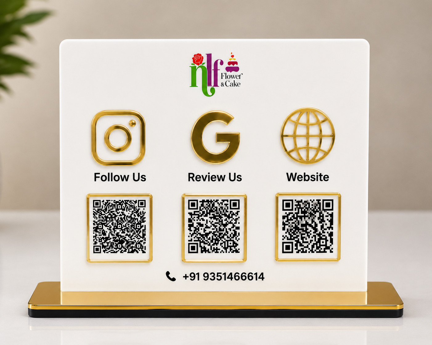 Premium White Acrylic Social Media QR Code Stand with Golden Base - UV Printed Table Display for Cafe Restaurant