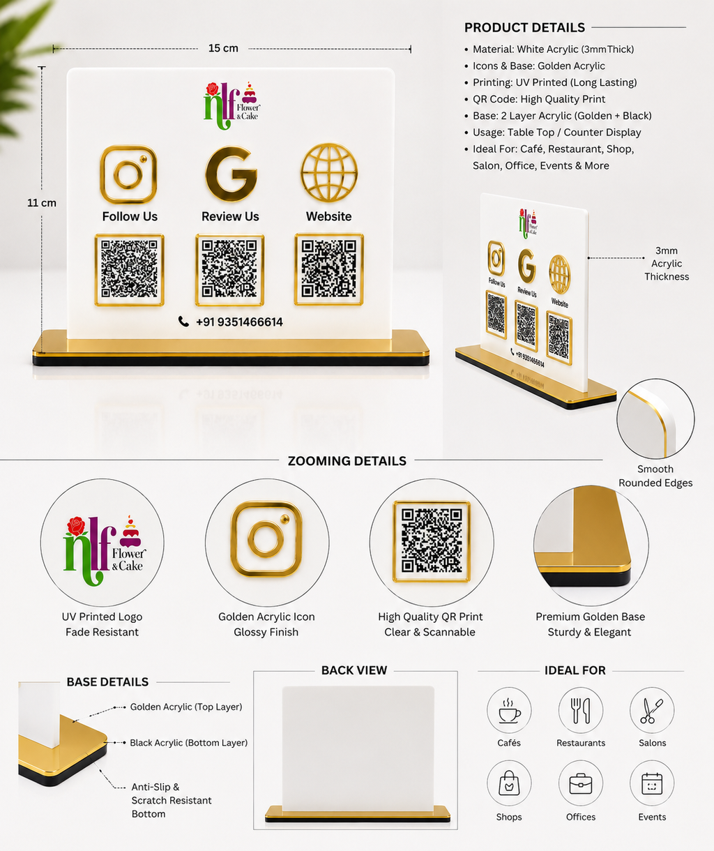 Premium White Acrylic Social Media QR Code Stand with Golden Base - UV Printed Table Display for Cafe Restaurant