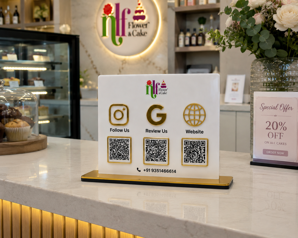 Premium White Acrylic Social Media QR Code Stand with Golden Base - UV Printed Table Display for Cafe Restaurant