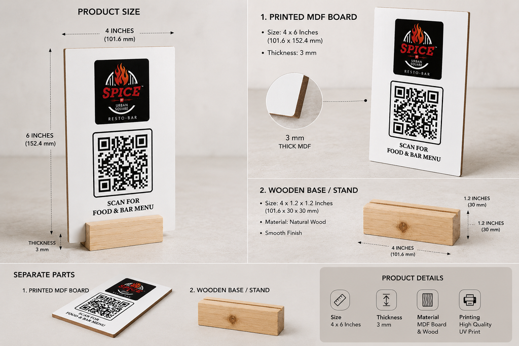 Custom Printed Set Of 10pcs  MDF QR Code Stand with Wooden Base - 4x6 Inch Table Top Display for Restaurant Cafe
