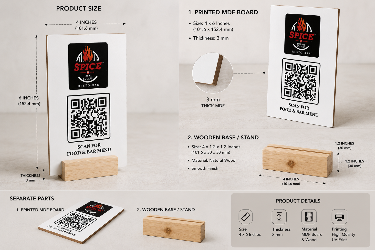 Custom Printed Set Of 10pcs  MDF QR Code Stand with Wooden Base - 4x6 Inch Table Top Display for Restaurant Cafe